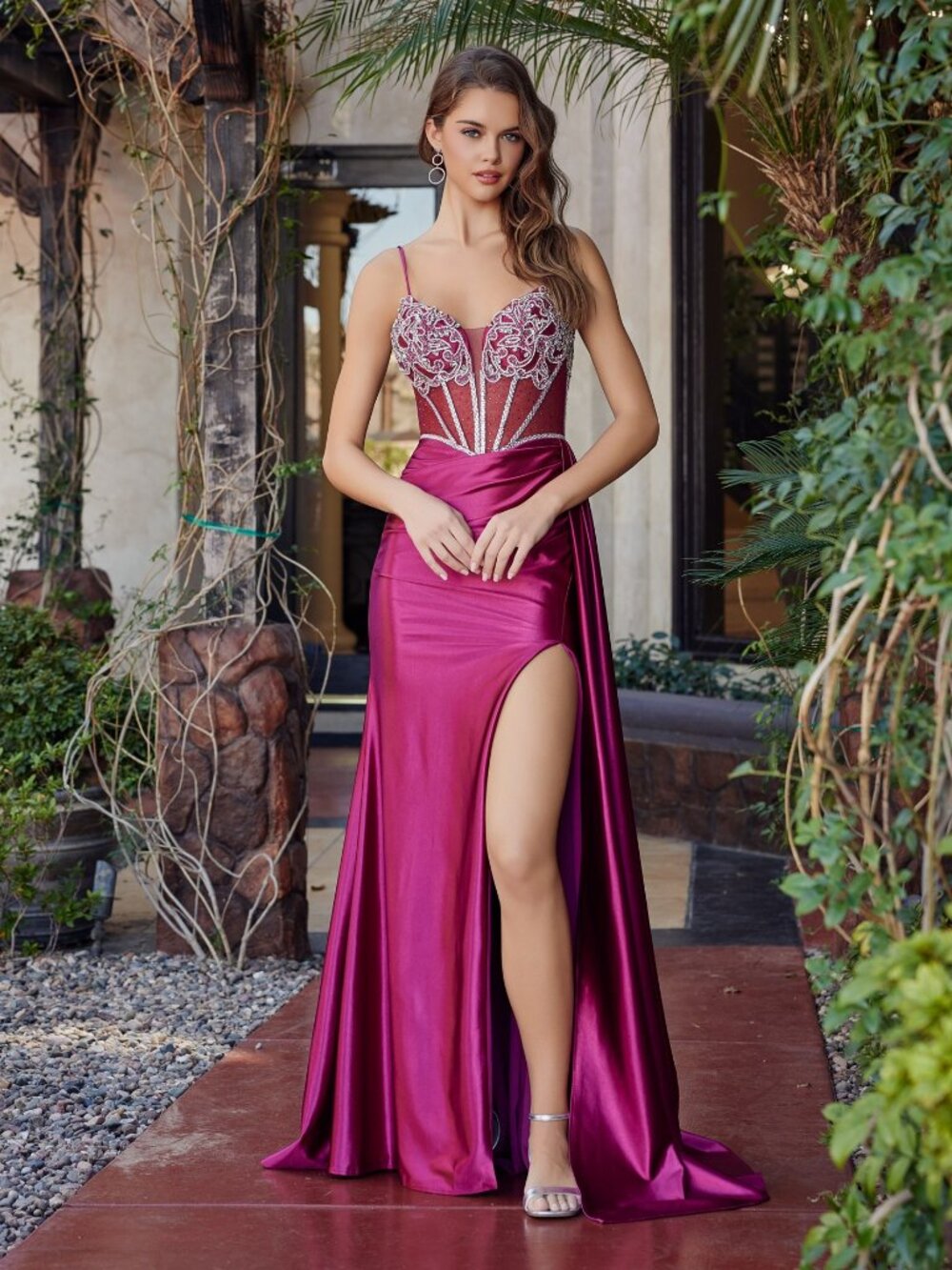 New Magenta Rhinestones Embellished Special Occasion Satin Gown Nx G1788